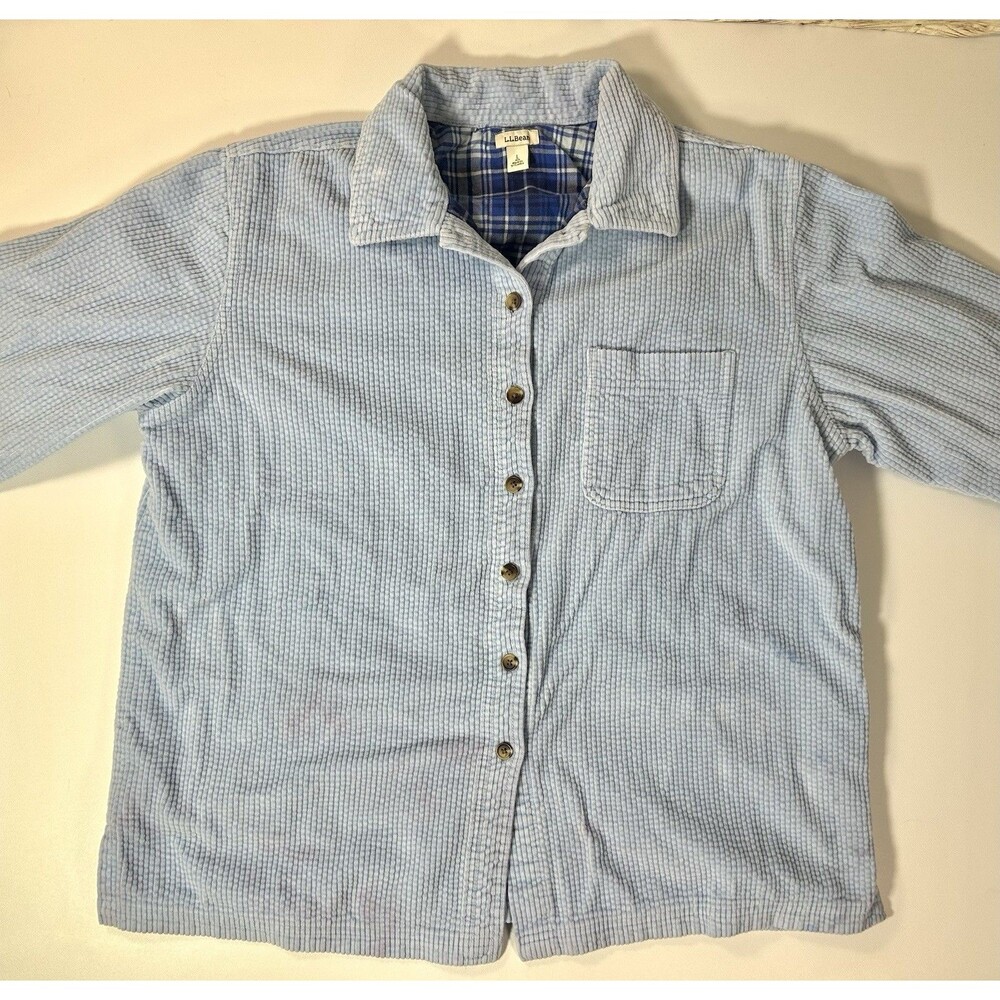 L.L. Bean Large Corduroy Jacket Button Down Blue Vintage Plaid Lining Flannel